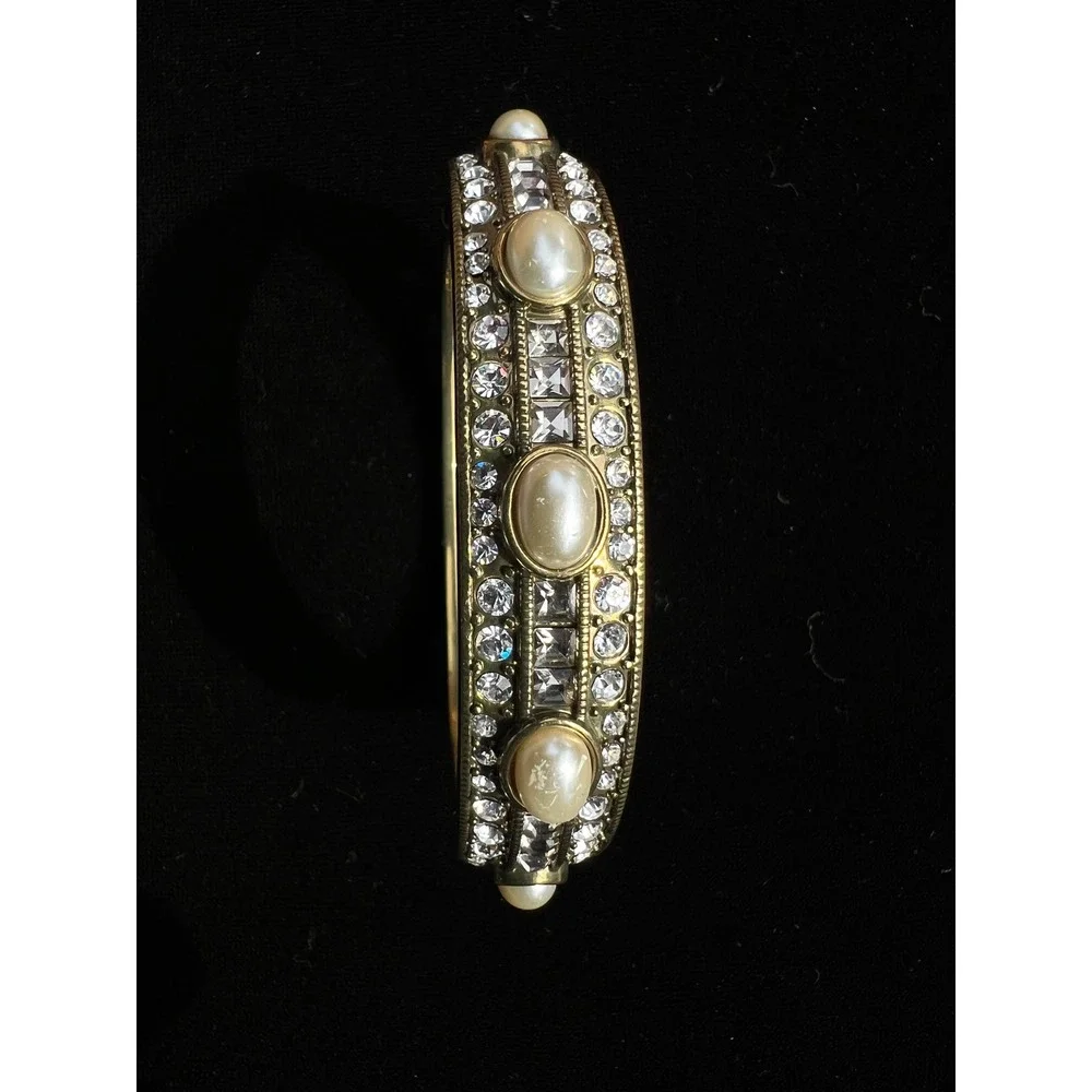 Heidi Daus Tantalizing Swarovski Crystal Faux Pearl Bronze Tone Hinged Bangle